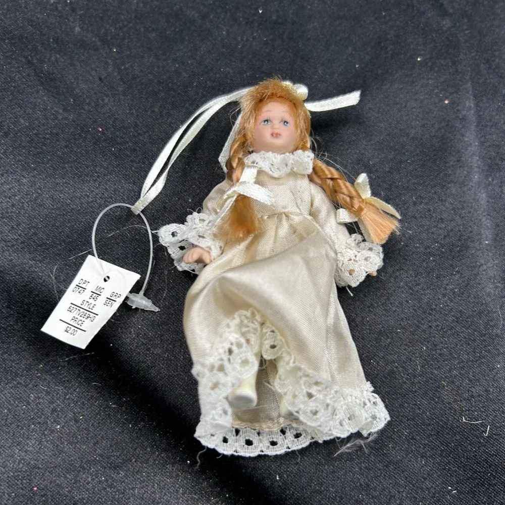 Miniature Porcelain Doll Ornament Cream Satin Lace Dress Braided Hair Vintage